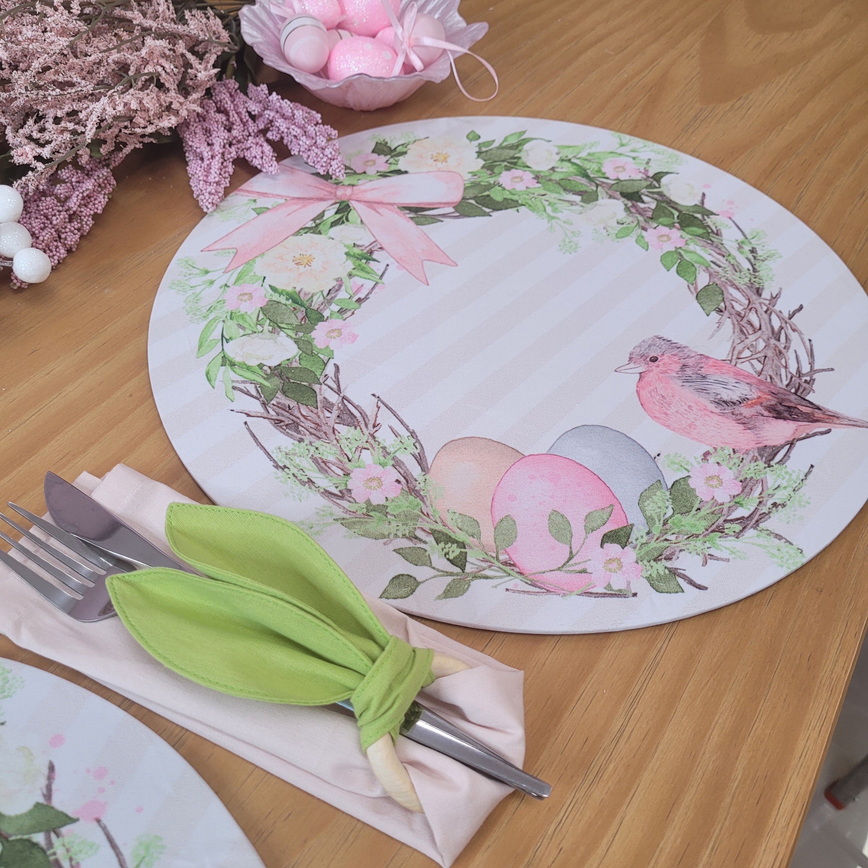 Set of 4 Easter Striped Bird Rose Covers for Round Placemats 14" Dia Polyester for Kitchen Table Washable Dining Table-3