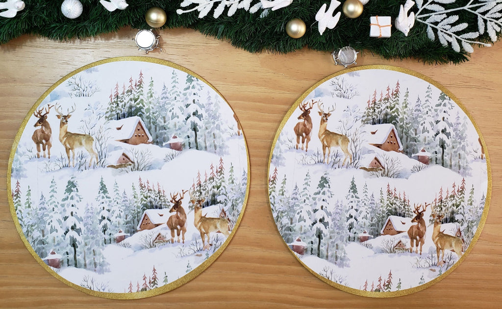 Set of 4 Round Placemats Covers Christmas Reindeer Cloth 14" Dia Synthetic | Red-2