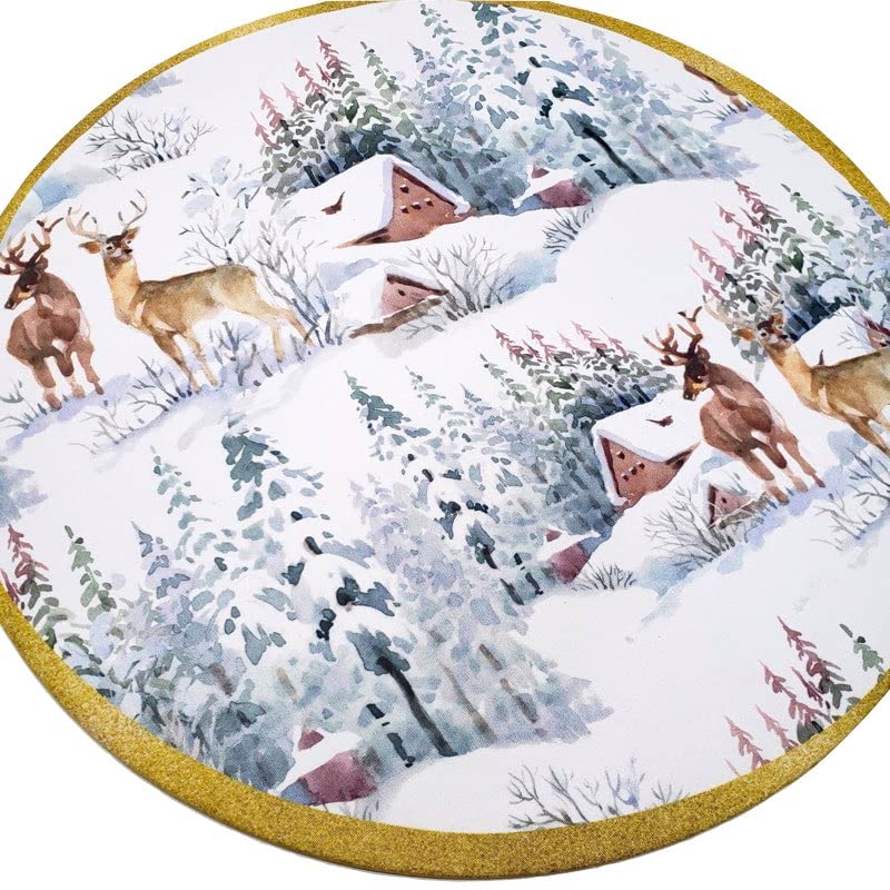 Set of 4 Round Placemats Covers Christmas Reindeer Cloth 14" Dia Synthetic | Red-1