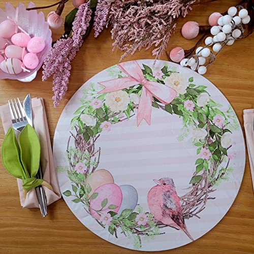 Set of 4 Easter Striped Bird Rose Covers for Round Placemats 14" Dia Polyester for Kitchen Table Washable Dining Table-1