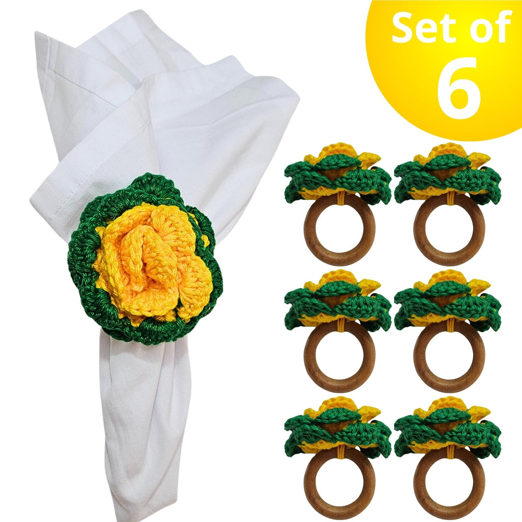 Charlo's Set of 6 Green and Yellow Crochet Rosebud Flower Napkin Rings for Dinner Table Decor, Handmade, Table setting-0