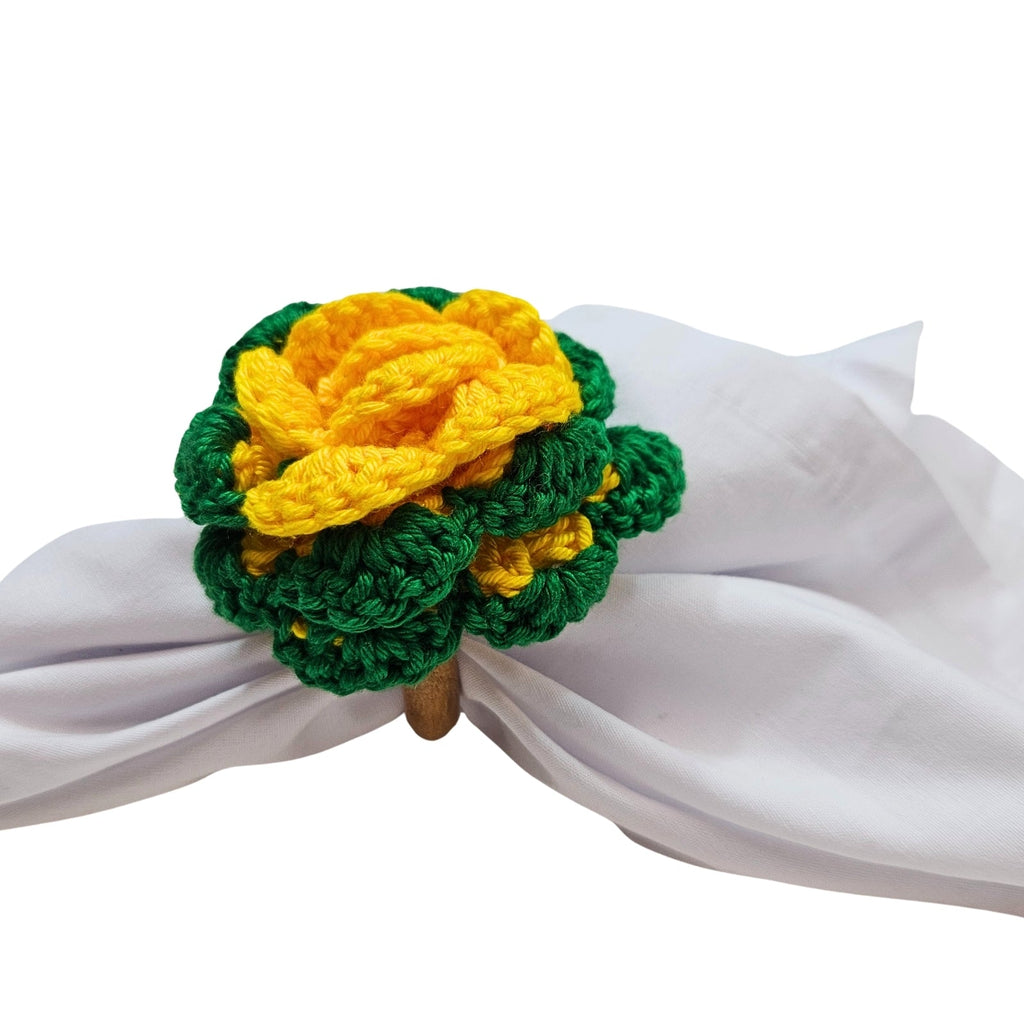 Charlo's Set of 6 Green and Yellow Crochet Rosebud Flower Napkin Rings for Dinner Table Decor, Handmade, Table setting-3
