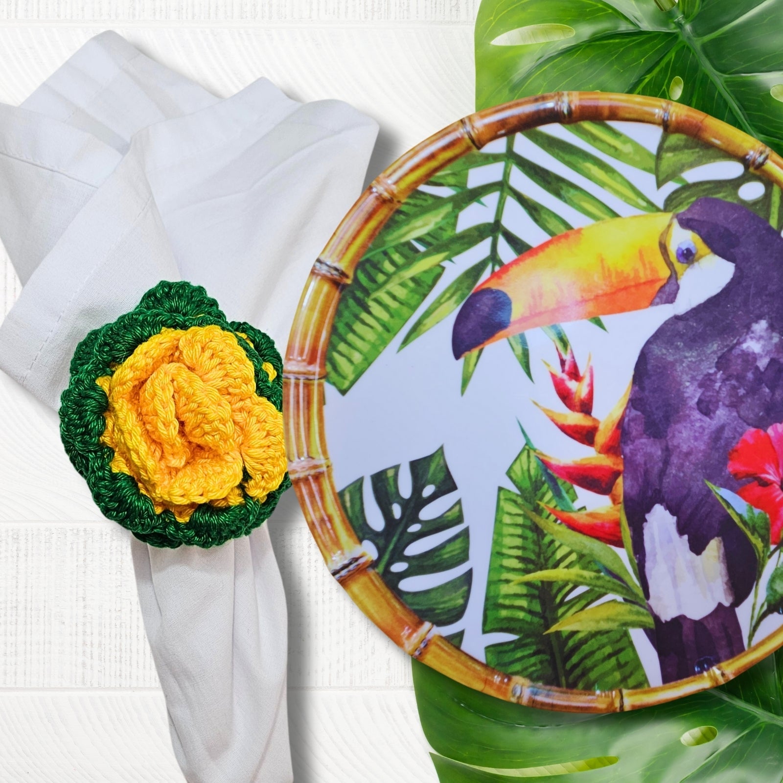 Charlo's Set of 6 Green and Yellow Crochet Rosebud Flower Napkin Rings for Dinner Table Decor, Handmade, Table setting-4