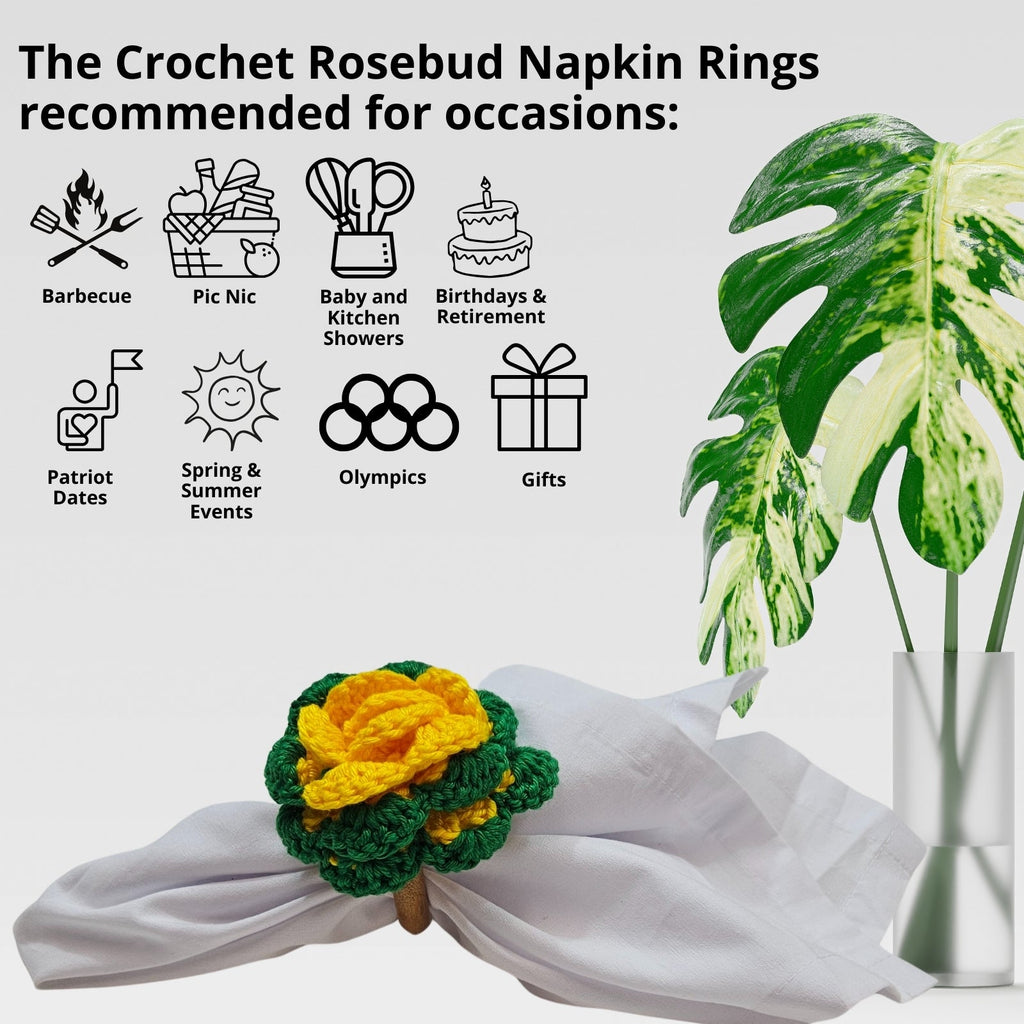 Charlo's Set of 6 Green and Yellow Crochet Rosebud Flower Napkin Rings for Dinner Table Decor, Handmade, Table setting-2