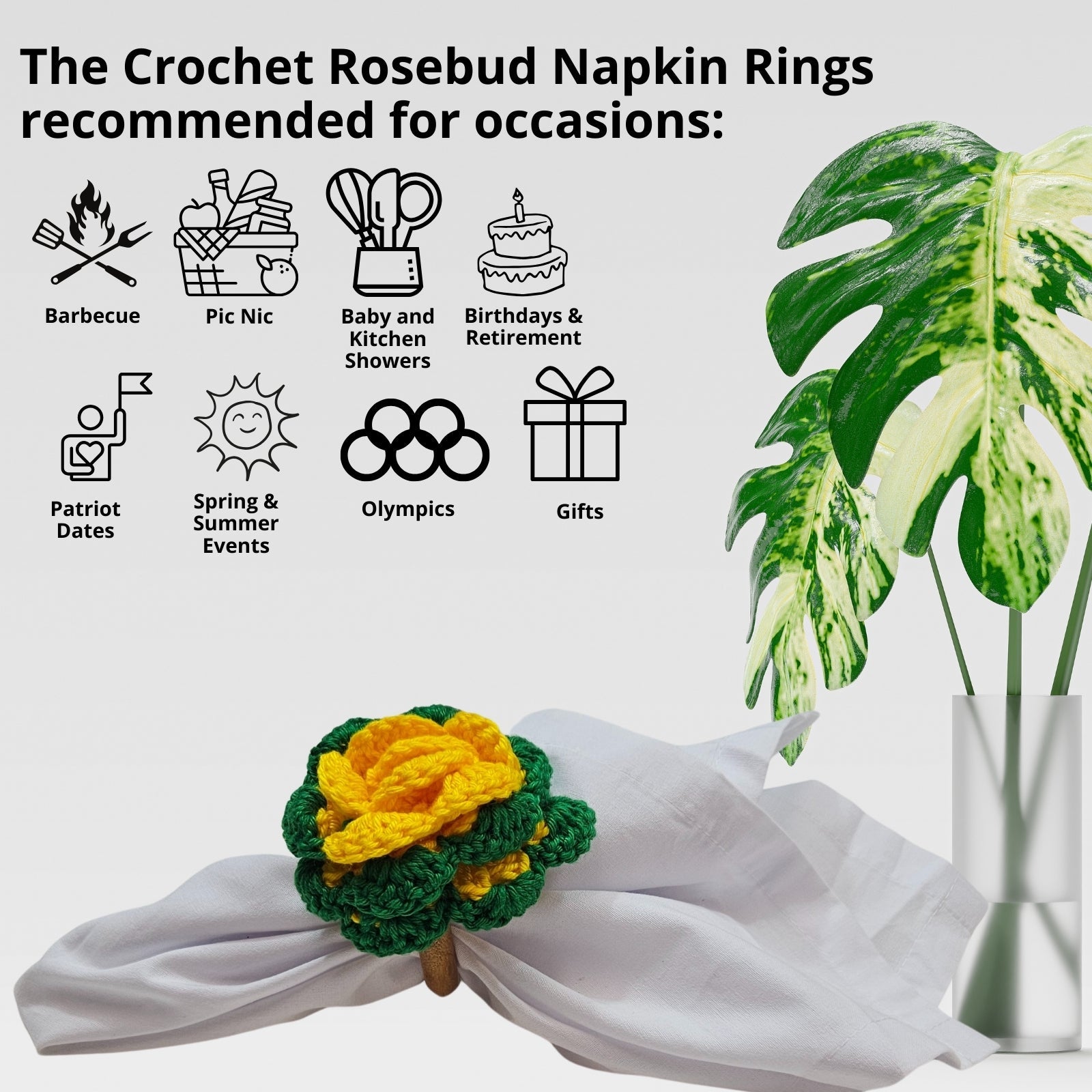 Charlo's Set of 6 Green and Yellow Crochet Rosebud Flower Napkin Rings for Dinner Table Decor, Handmade, Table setting-2