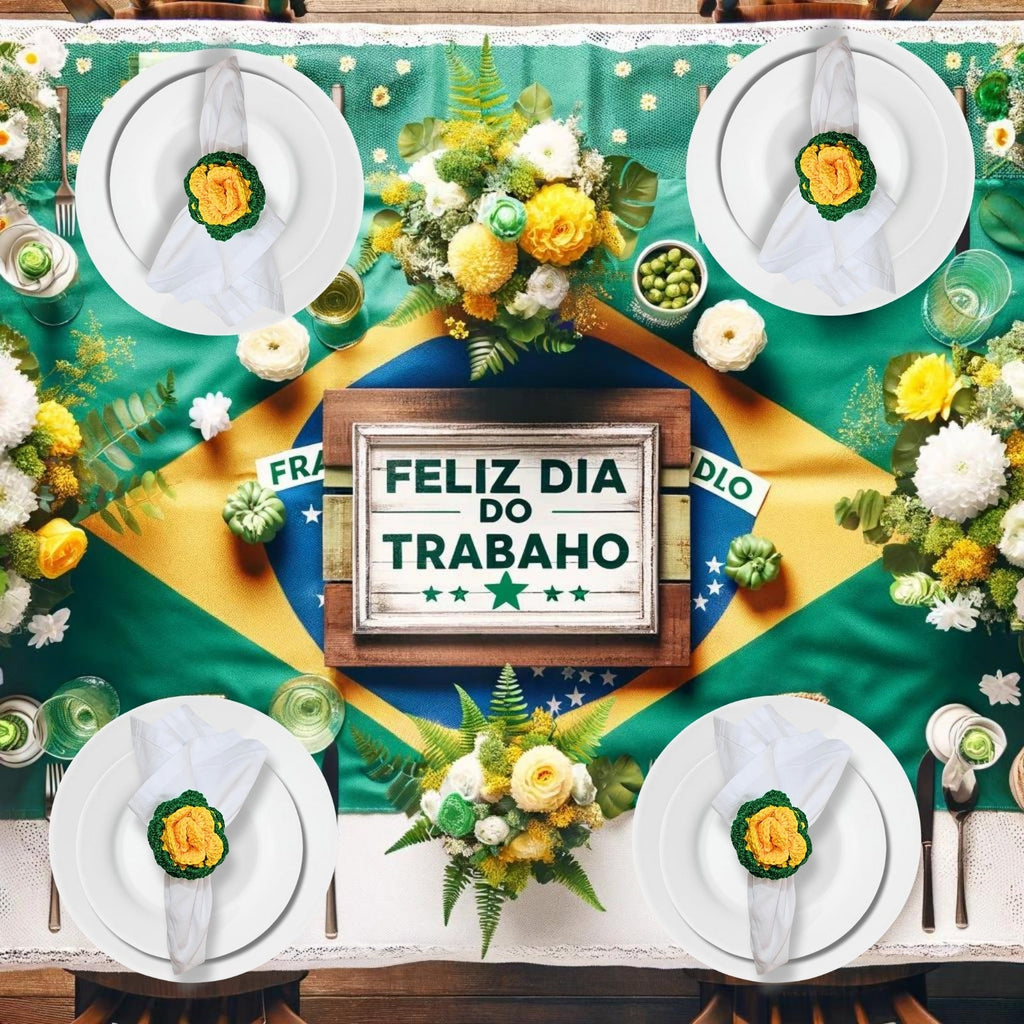 Charlo's Set of 6 Green and Yellow Crochet Rosebud Flower Napkin Rings for Dinner Table Decor, Handmade, Table setting-1