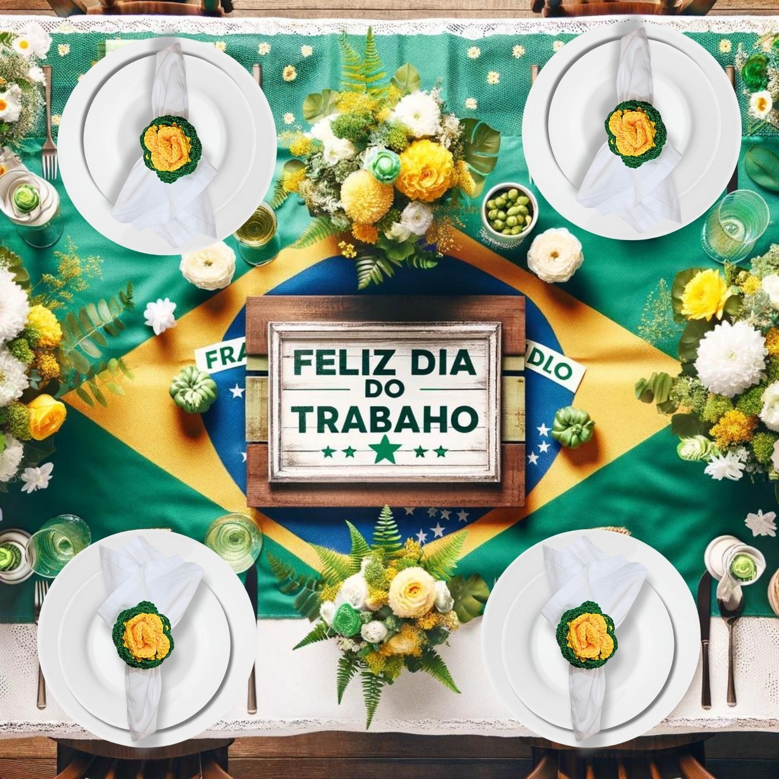 Charlo's Set of 6 Green and Yellow Crochet Rosebud Flower Napkin Rings for Dinner Table Decor, Handmade, Table setting-1