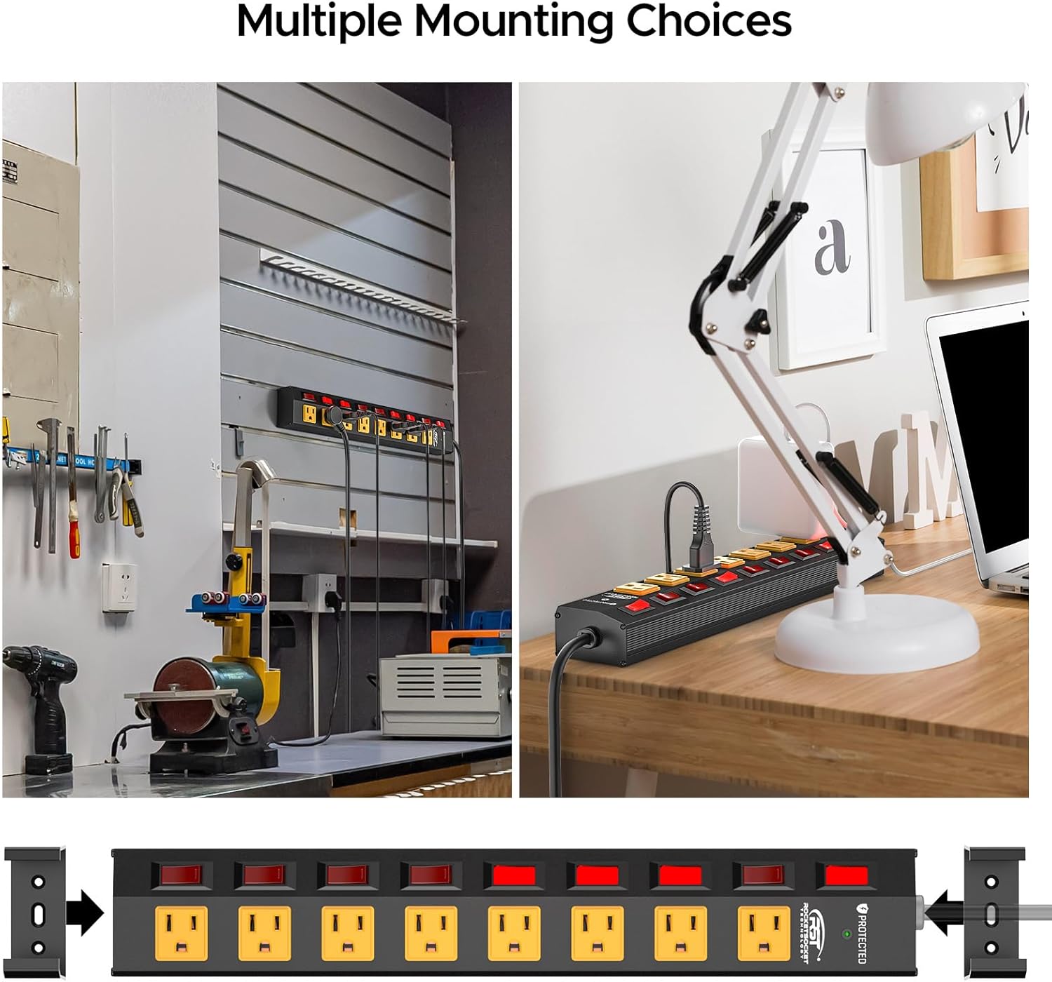 CRST 8 Outlet Metal Surge Protector Power Strip with Individual Switches, 15A Circuit Breaker 1200 Joules Protection 6FT Extension Cord and Mountable Kits Included