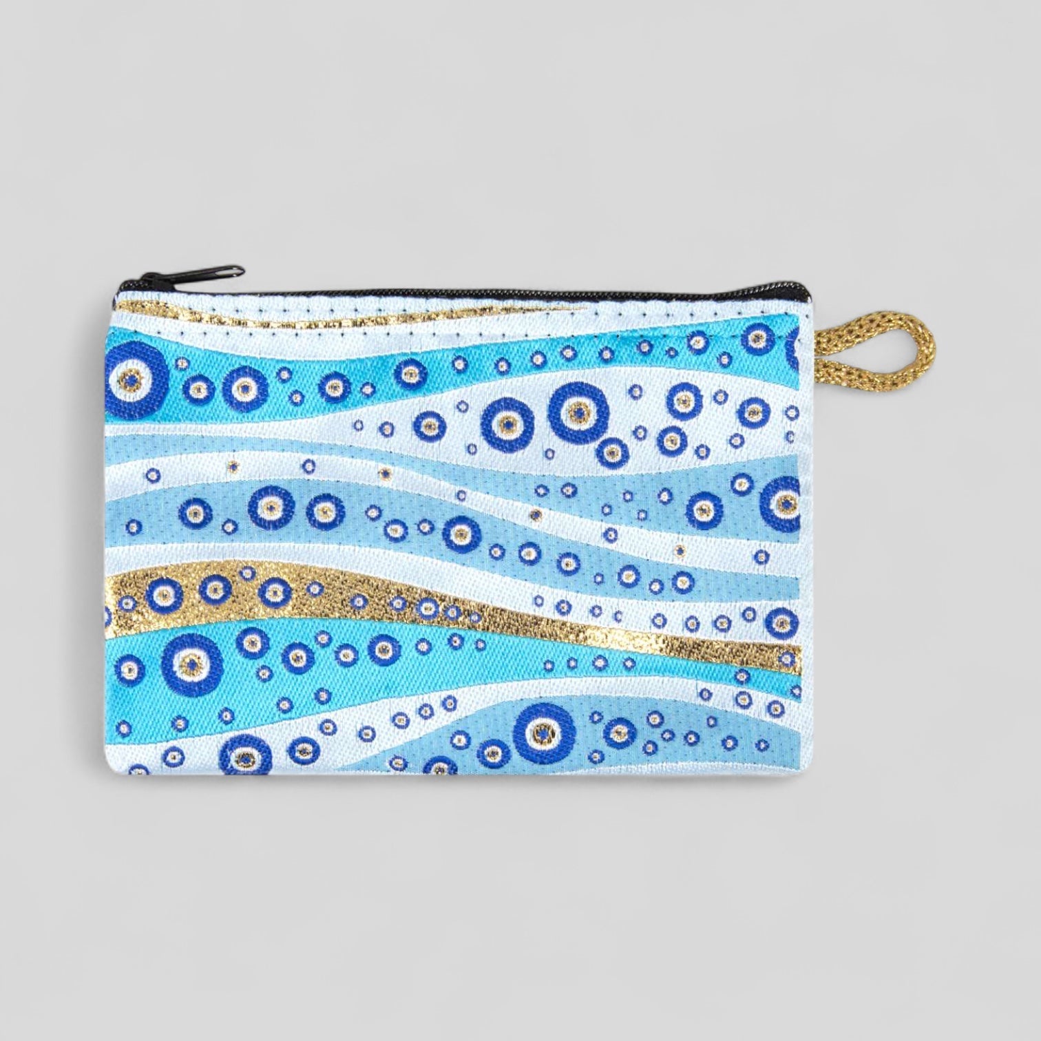 Cute Mini Wavy Evil Eye Pattern with Gold Accents Woven Zipper Coin Purse-0